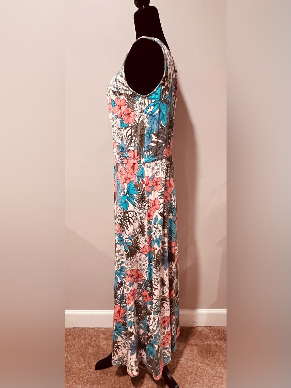 Talbots Pink Hawaiian Floral Keyhole Maxi Dress with Teal Accents, size Large - Picture 4 of 7